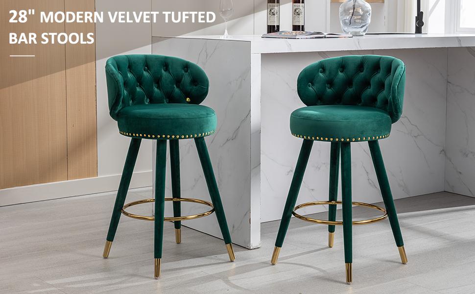 28” Velvet Tufted Bar Stools with 360-Degree Swivel (Set of 2)