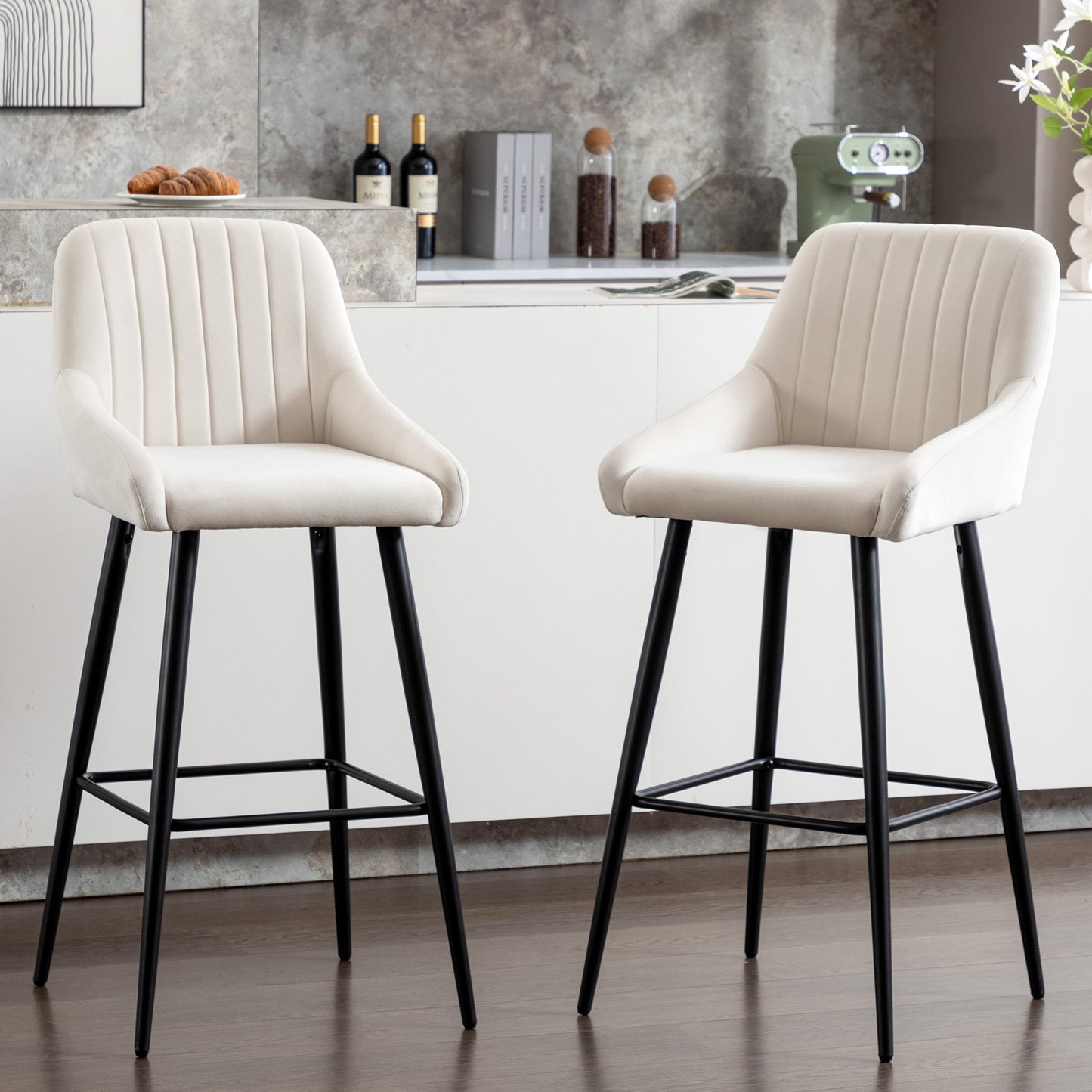 Velvet Upholstered Barstools with Back (Set of 2)