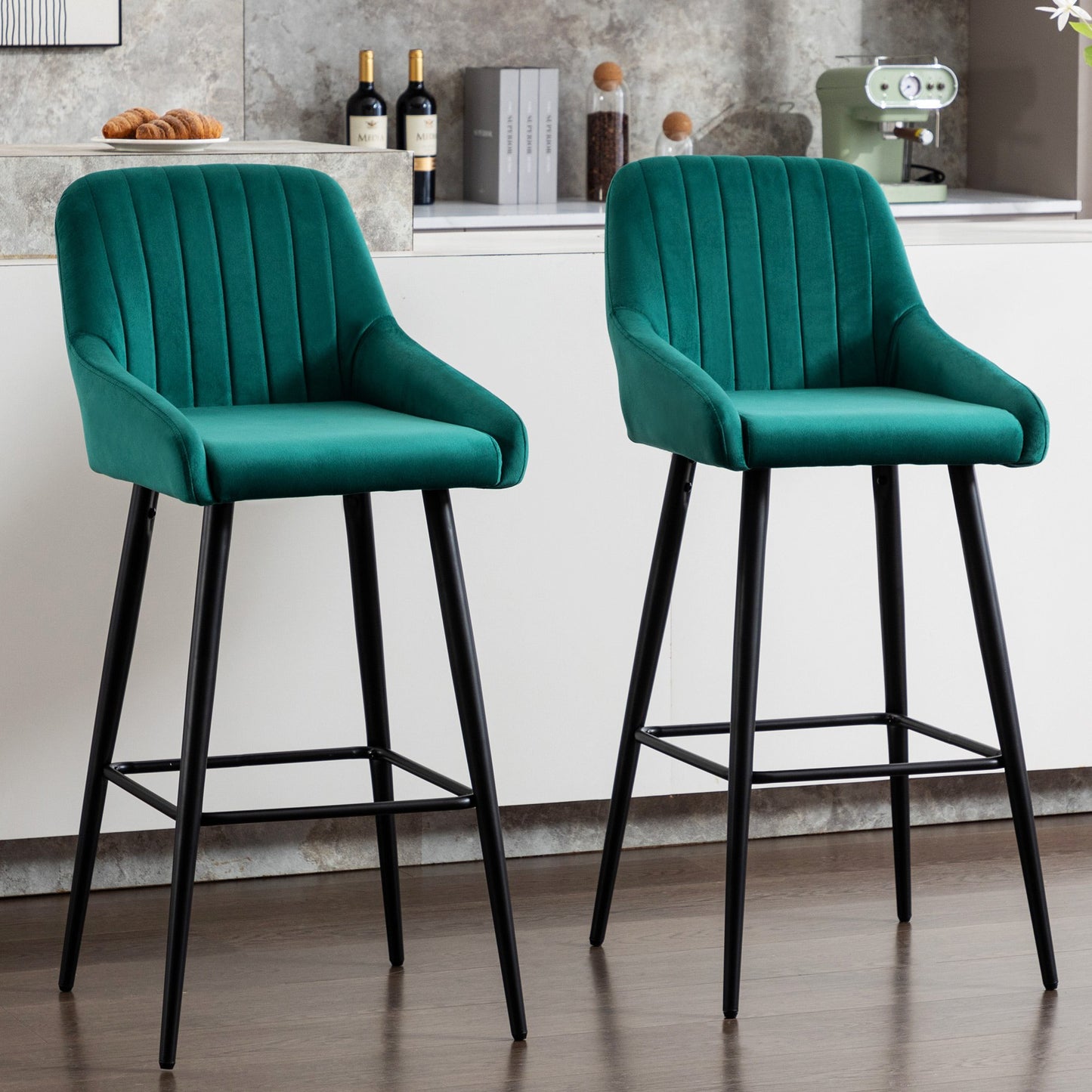 Velvet Upholstered Barstools with Back (Set of 2)