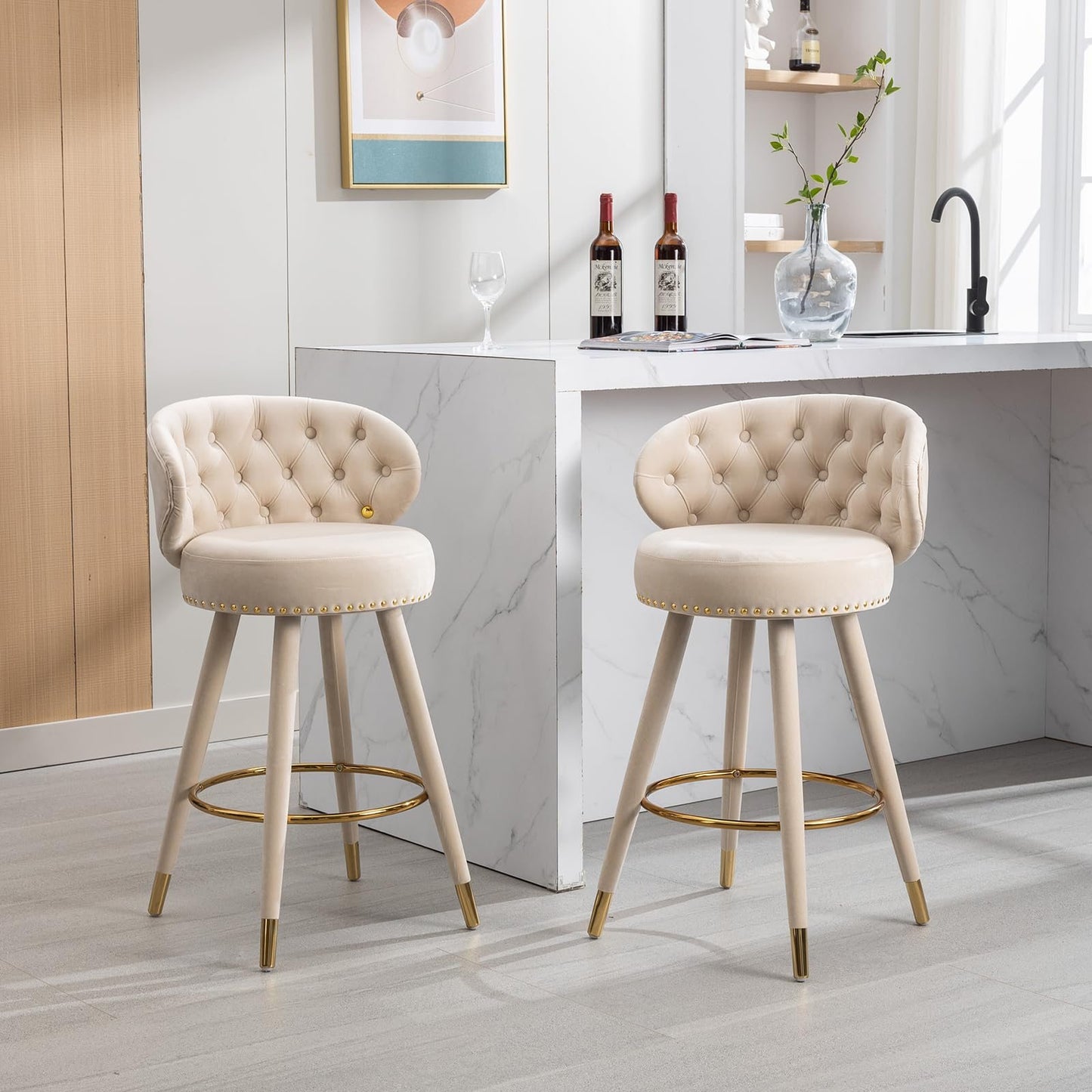 28” Velvet Tufted Bar Stools with 360-Degree Swivel (Set of 2)