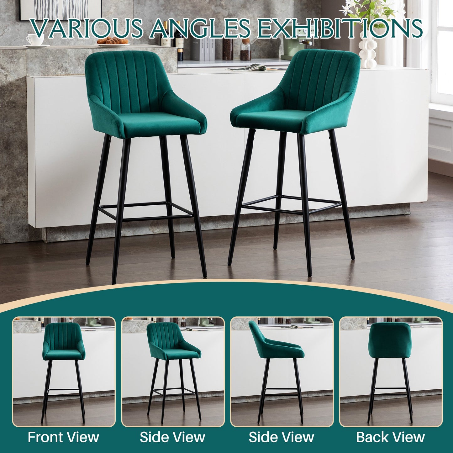 Velvet Upholstered Barstools with Back (Set of 2)