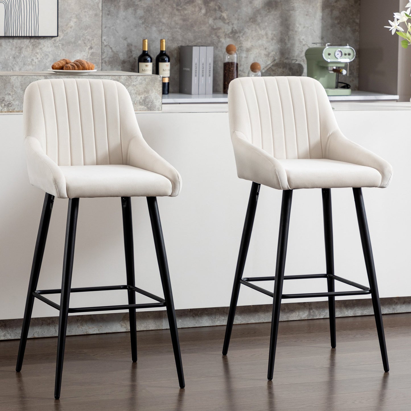 Velvet Upholstered Barstools with Back (Set of 2)