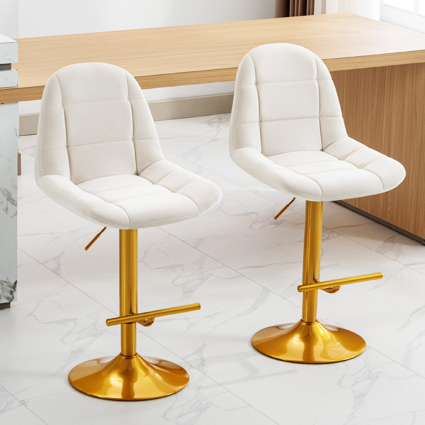 Adjustable Velvet Swivel Bar Stools - Stylish Counter Height Bar Chairs (Set of 2)